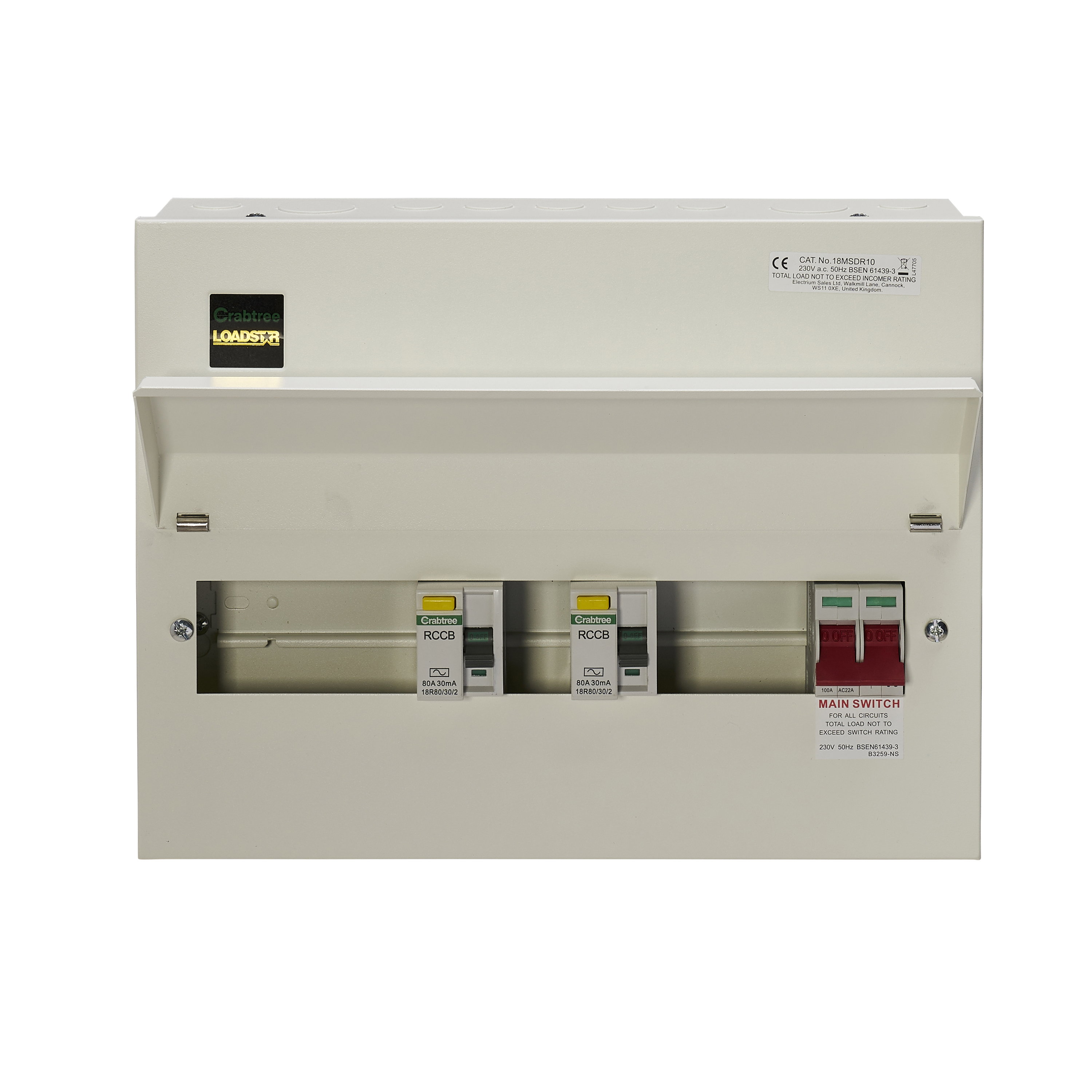 10 Way Dual RCD Consumer Unit 100A Main Switch, 80A 30mA RCDs, Flexible Configuration 