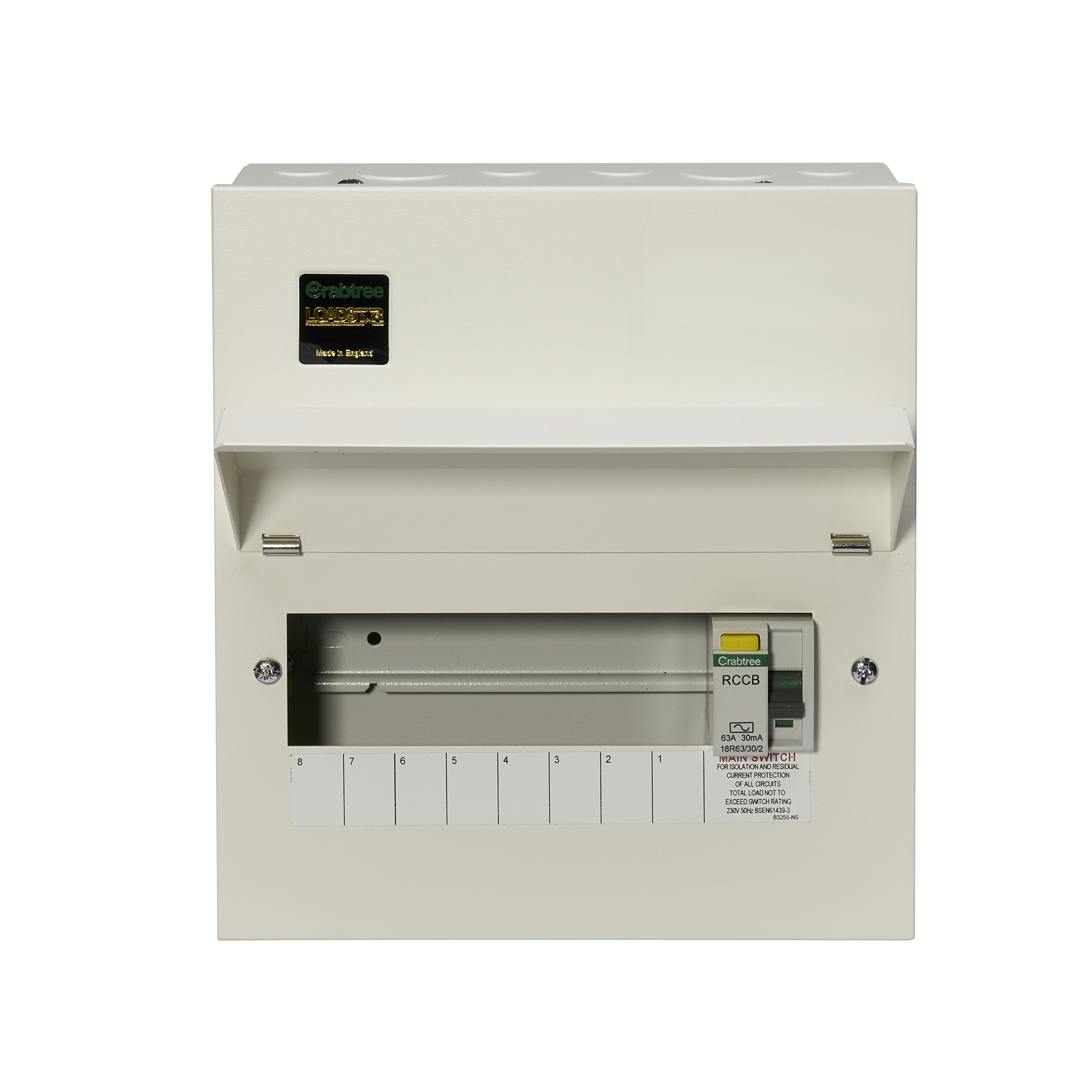 8 Way Consumer Unit RCD Incomer 63A 30mA, Flexible Configuration