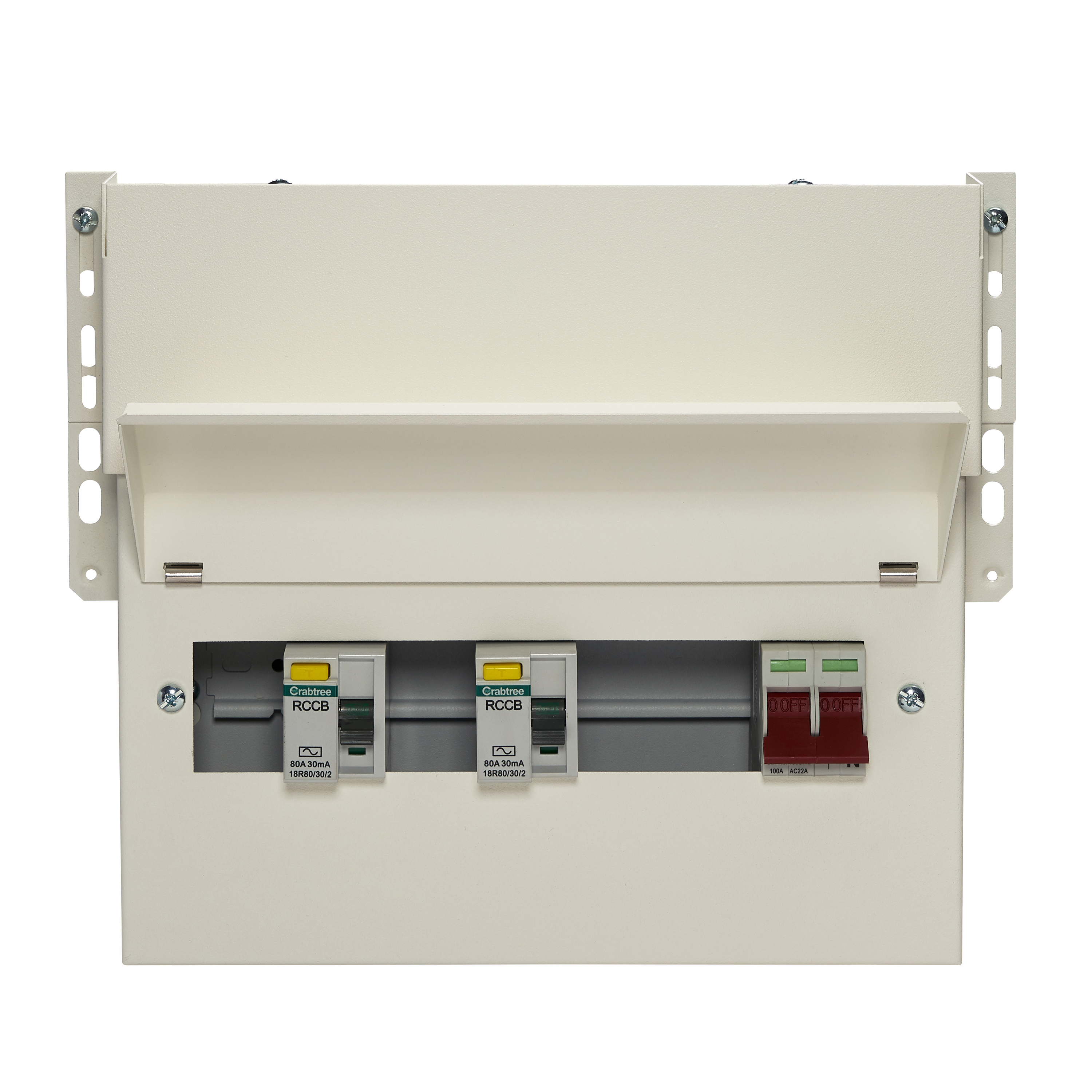 7 Way High Integrity Meter Cabinet Consumer Unit 100A Main Switch, 80A 30mA RCDs, Flexible Configuration